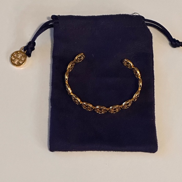 Tory Burch 18k Gold Plated Round Logo Cuff Bracelet - Picture 2 of 5
